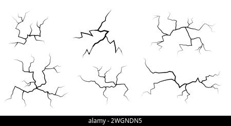 Set of cracks. Collection of different black lightning bolts. Earth crack. Set thunderstorm and lightning. Vector illustration of natural phenomena on Stock Vector
