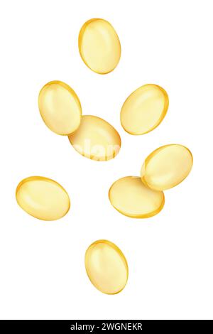Vitamin. Softgel capsules falling on white background Stock Photo