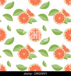 This image displays seamless pattern of bright orange grapefruits fruit slices intermingled with lush green leaves, creating fresh and natural look. Stock Vector