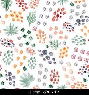 Watercolor pattern of animals tracks. Cute African jungle and zoo foot prints. Savanna background of wild and domestic pets. Stock Photo