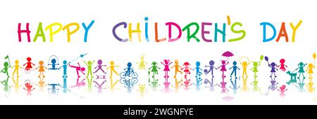 Happy Children's Day poster with stylized children with shadows playing Stock Vector