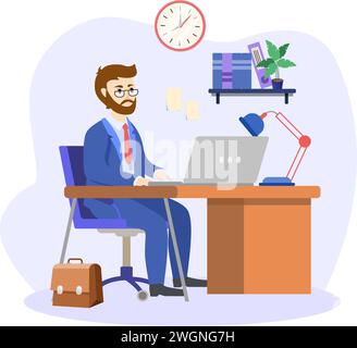 Boss illustration. Director office. Interior businessman sitting at the table vector office cartoon picture. Office desk, manager room, interior, of Stock Vector