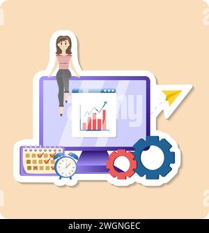 Efficiency sticker illustration. Productive woman, multitasking or time management professional, productivity or entrepreneurship. Stock Vector