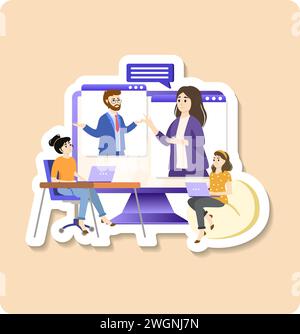 Collaborative learning sticker illustration. Students working in group. Distance learning. Top view of teenagers preparing for lessons. Stock Vector