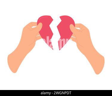 This illustration depicts a pair of hands holding the two halves of a broken red heart, symbolizing themes of heartbreak, separation, or emotional pai Stock Vector