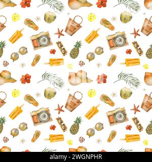 summer seamless pattern of beach objects: hat camera beach shoes pineapple cocktails starfish fruit ice palm branches flowers. watercolor illustration Stock Photo