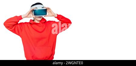 female in modern VR headset   exploring virtual reality universe on white background Stock Photo