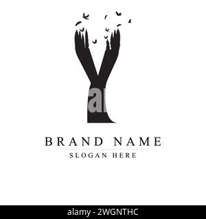 Y Logo Letter with Flock of Birds Flying and Disintegrating from the Letter, Y Logo Birds in Flight,  Y logo design vector illustration Stock Vector