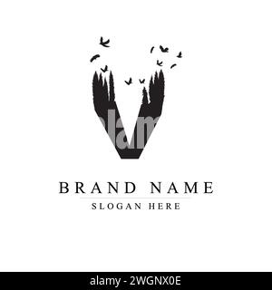 V Logo Letter with Flock of Birds Flying and Disintegrating from the Letter, V Logo Birds in Flight,  V logo design vector illustration Stock Vector