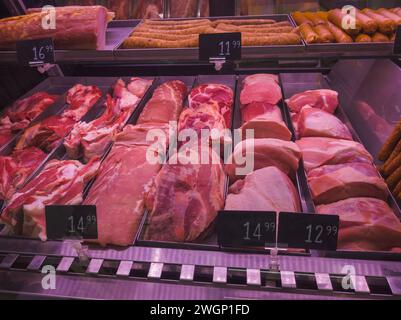 meat displayed in butchery shop Stock Photo
