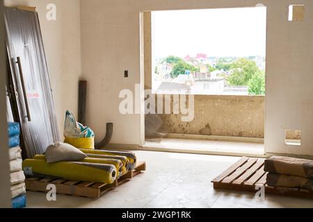 Pallets with construction materials at site Stock Photo