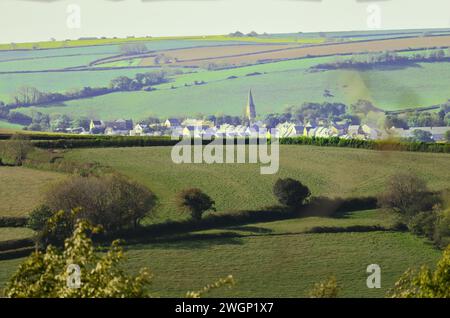 Devon countryside with Modbury village in the distance, South west England UK Stock Photo