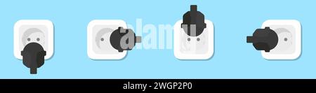 Plug and socket icons set. Connecting the plug to the outlet in different positions. The concept of connecting to the power grid vector. Socket vector Stock Vector