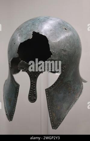 Helmet. Bronze. Late 6th century BC. From Tomb I of the necropolis of Trebenista, North Macedonia. National Archaeological Museum. Sofia. Bulgaria. Stock Photo
