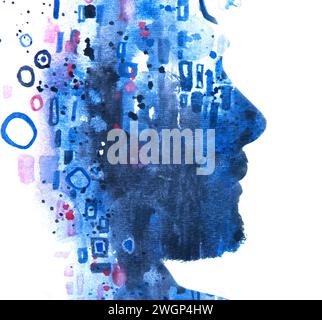 A close-up double exposure paintography male profile silhouette Stock ...