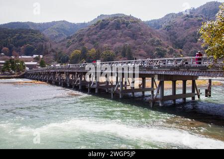 The Togetsukuo Bridge over the Oi River at Arashiyama in Kyoto, Japan. Stock Photo