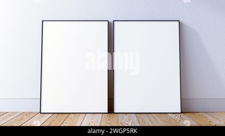 2 frames mockup scene with hardwood floor, interor 3d render. Black thin frame mock up on white brick wall. Stock Photo