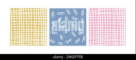 Simple Geometric Hand Drawn Irregular Patterns. Colored Doodle Checkered simple drawing with textures. Square Poster set. Stock Vector