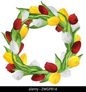 Hand-drawn watercolor illustration. Beautiful wreath with red, white and yellow tulips Stock Photo