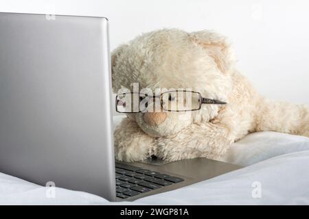 Teddy Bear using a laptop in bed Stock Photo