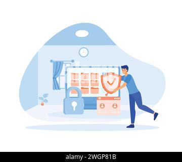 Flat personal cyberspace data security man user with shield log in protection web access control concept. flat vector modern illustration Stock Vector