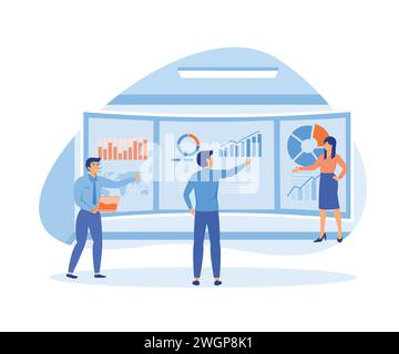 Data analysis concept. Teamwork of business analysts on holographic charts and diagrams of sales management statistics and operational reports. flat v Stock Vector
