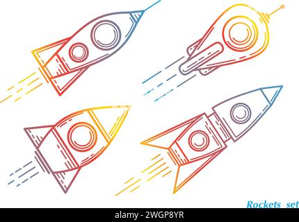Seth rocket .Flying multicolored rockets .Icons of space rockets. Stock Vector