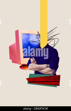 Vertical collage creative poster illustration image headless man worker large computer freelance doodle sketch beige background Stock Photo
