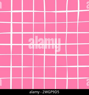 Hand drawn cute grid. doodle pink, white plaid pattern with Checks. Graph square background with texture. Line art freehand grid vector outline grunge Stock Vector