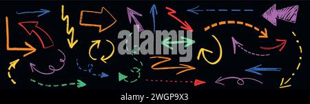 Colorful charcoal hand drawn arrows vector set on black background. Freehand pencil crayon swirly and spiral arrow, chalked symbols, direction pointers. Collection of curved lines different shapes. Stock Vector
