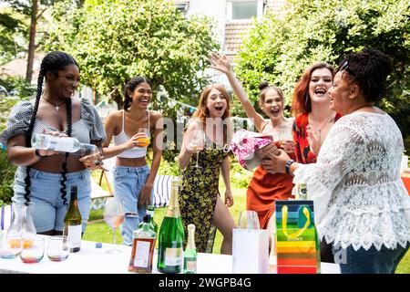 Mixed group of female friends / family at a summer garden BBQ party, laughing and having fun Stock Photo
