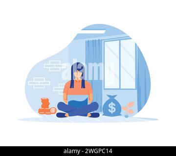 Passive income concept. Young woman working in front of laptop with money around her. flat vector modern illustration Stock Vector