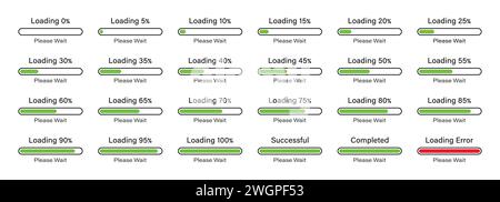 Loading please wait bar slider icon set 0-100% with 5% difference in green color. Set of percentage loading bar infographic icons 5%, 10%, 95%, 100%. Stock Vector