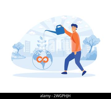 Circular economy concept. Man watering plants. Reduce carbon dioxide emissions and climate impacts. flat vector modern illustration Stock Vector