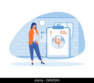 Circular economy concept. Woman research green energy, reducing carbon dioxide emissions and climate impact. flat vector modern illustration flat vect Stock Vector