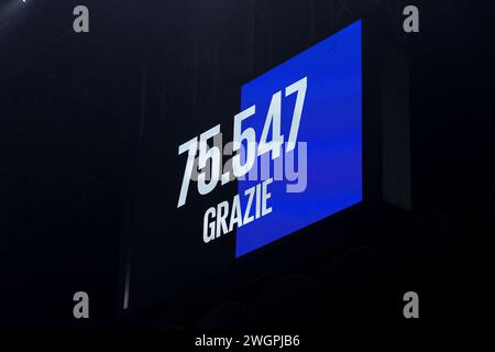 Milan, Italy. 4th Feb, 2024. Italy, Milan, february 4 2024: the score board shows attendants during soccer game FC Inter vs Juventus FC, Serie A 2023-2024 day 23 at San Siro Stadium (Credit Image: © Fabrizio Andrea Bertani/Pacific Press via ZUMA Press Wire) EDITORIAL USAGE ONLY! Not for Commercial USAGE! Stock Photo