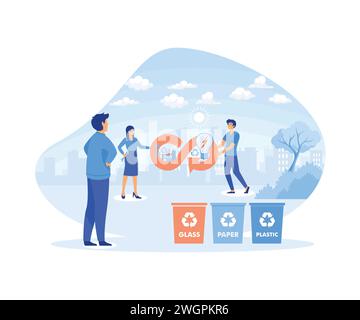 Circular economy, eco friendly energy production. Leaves and light bulb inside and tiny people. flat vector modern illustration Stock Vector