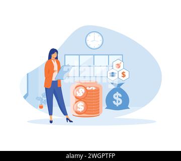 Financial literacy concept. Woman learn how to manage finances. Financial literacy lessons. Personal expenses, business payments. flat vector modern i Stock Vector