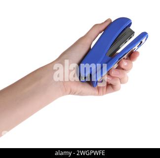 Woman holding blue stapler on white background, closeup Stock Photo