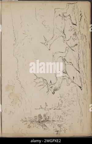 Two deer in a mountain landscape, 1858  Leaf 20 Recto from a sketchbook with 44 sheets. Bohemia paper. ink pen mountains. hoofed animals: deer. trees: fir Bohemia Stock Photo
