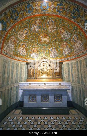 Mosaic of Agnus Dei the Lamb of God among the saints inside the Church of the Dormition abbey in mount Zion, Jerusalem, Israel Stock Photo