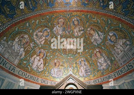 Mosaic of Agnus Dei the Lamb of God among the saints inside the Church of the Dormition abbey in mount Zion, Jerusalem, Israel Stock Photo