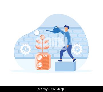 Personal financial management. Man hand watering coin money plant. Save money and financial investment. flat vector modern illustration Stock Vector