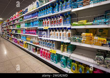 Supermarket shelves full of stock of cleaning products. Stock Photo