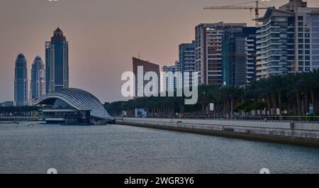 Lusail skyline in Lusail city, Qatar from Lusail marina sunset shoot .Construction industry concept. Stock Photo