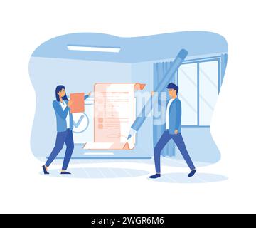 Characters get bank approval signing contacts and documents. flat vector modern illustration Stock Vector