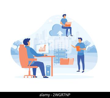 Business technology storage cloud computing service concept with administrator team working on cloud. flat vector modern illustration Stock Vector