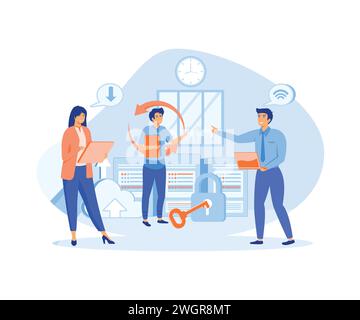 Cloud Computing. Web cloud technology, data storage, hosting, connection. Working process, teamwork communication. lat vector modern illustration Stock Vector