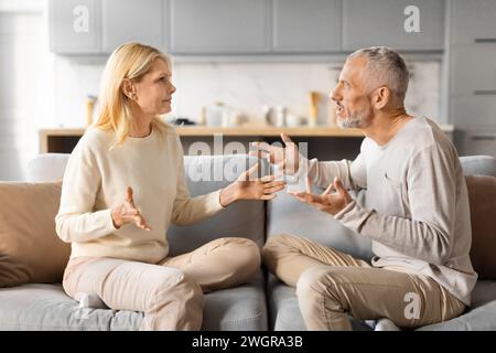 Senior married couple having fight, yelling at each other at home Stock Photo