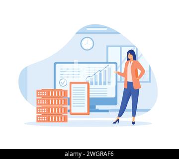Woman using remote servers computer to analyzing large sets of data and recognizing mistakes. flat vector modern illustration Stock Vector